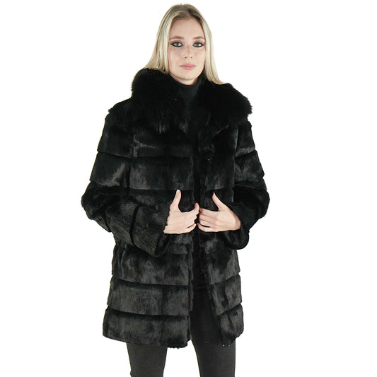 Blonde model wearing an affordable black coat 