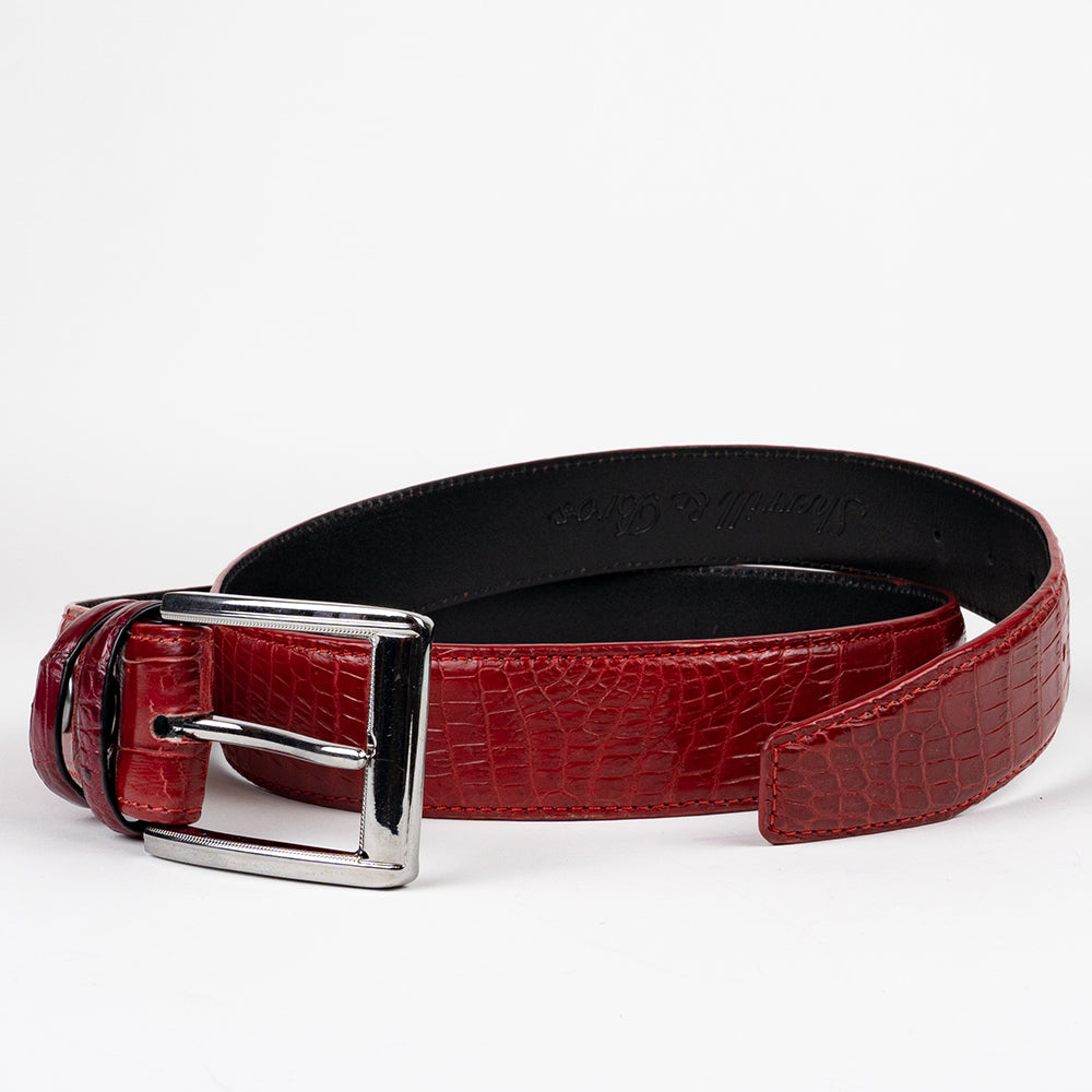 red crocodile leather belt for men with silver buckle 