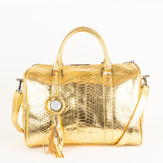 Genuine python handbag in gold with tube handles