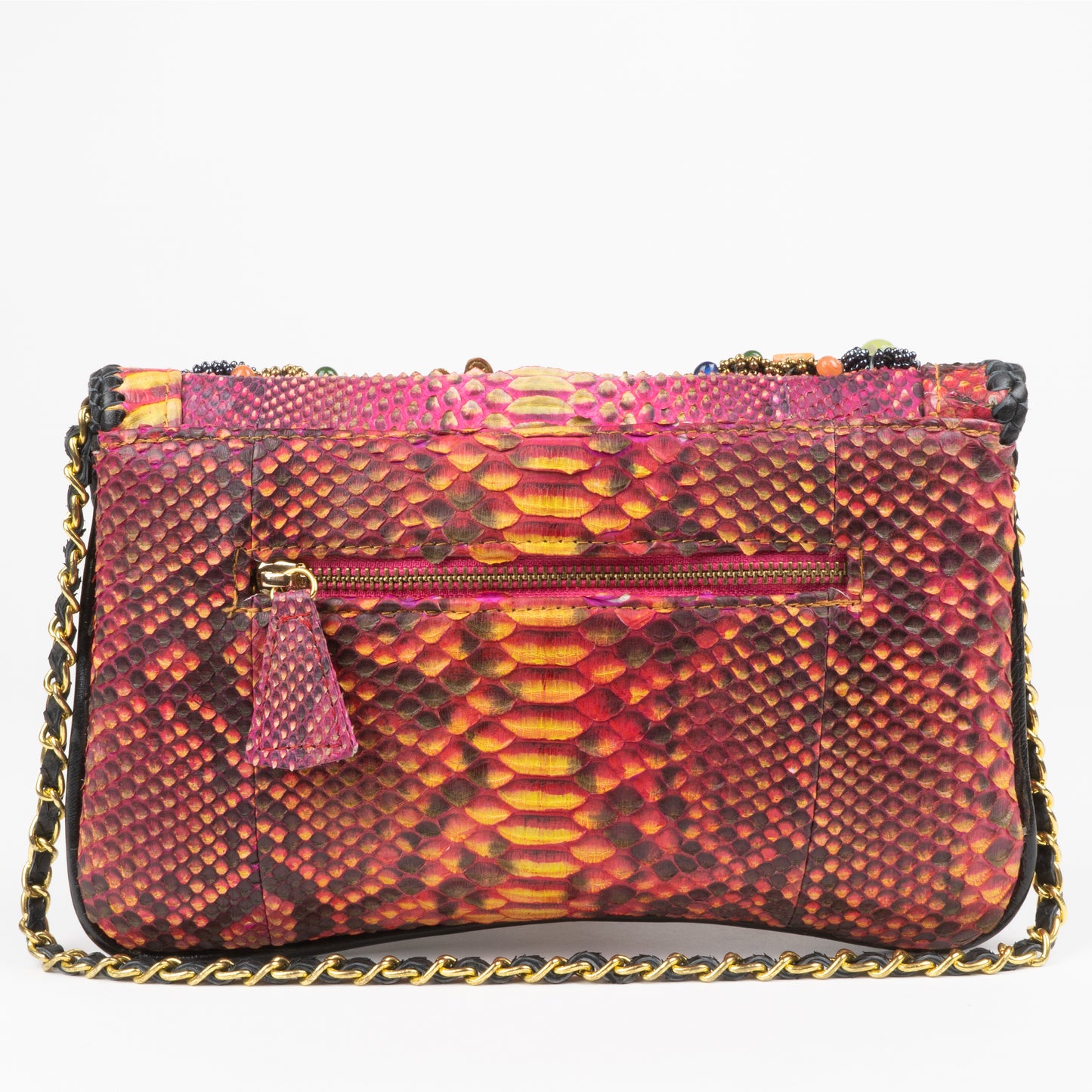red evening handbag with python woven chain