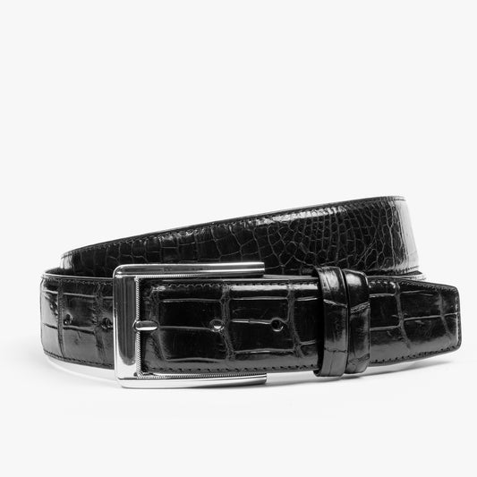 Black crocodile skin belt for men with silver buckle 