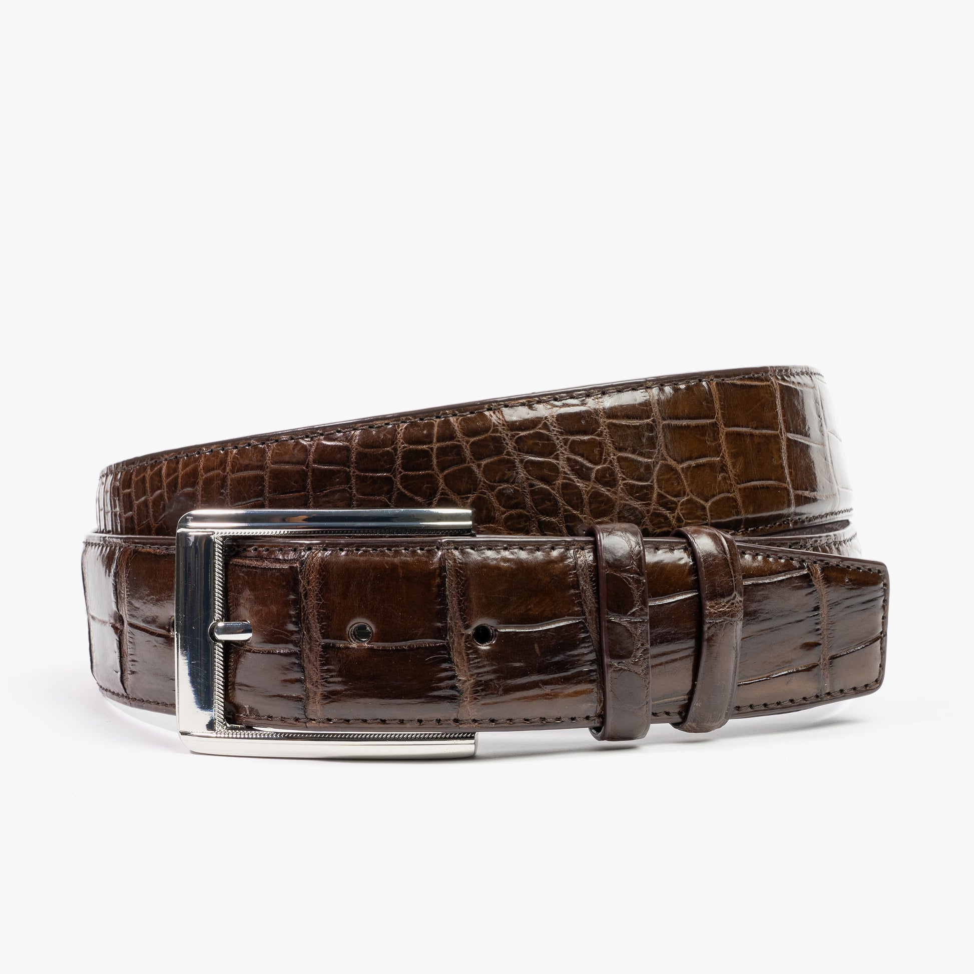 brown crocodile belt for men with silver buckle 