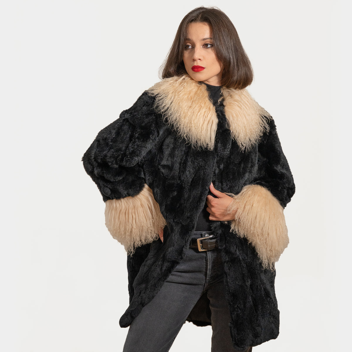 Drawstring Rabbit Fur Coat Black Rabbit Fur Coat With Mongolian Lamb | Sherrill & Bros – Sherrill ...