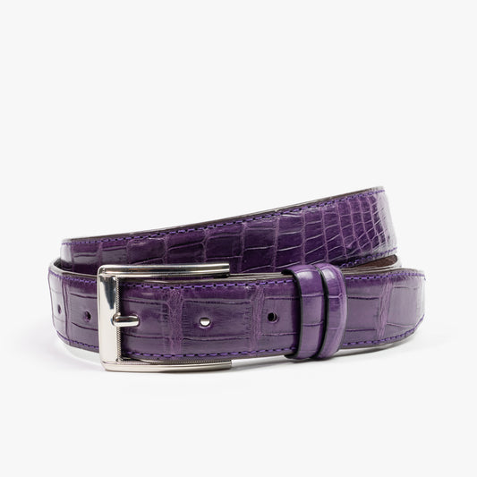 Purple crocodile skin belt with silver buckle