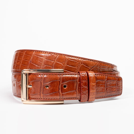 cognac alligator belt for men with gold buckle 
