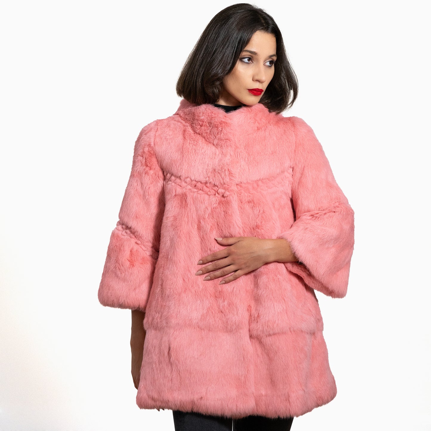 trending pink rabbit fur jacket with sheared details 
