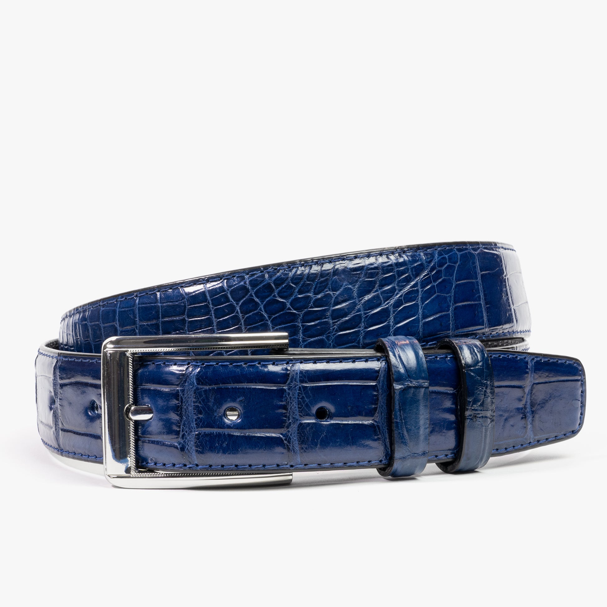 navy blue crocodile belt with silver buckle 