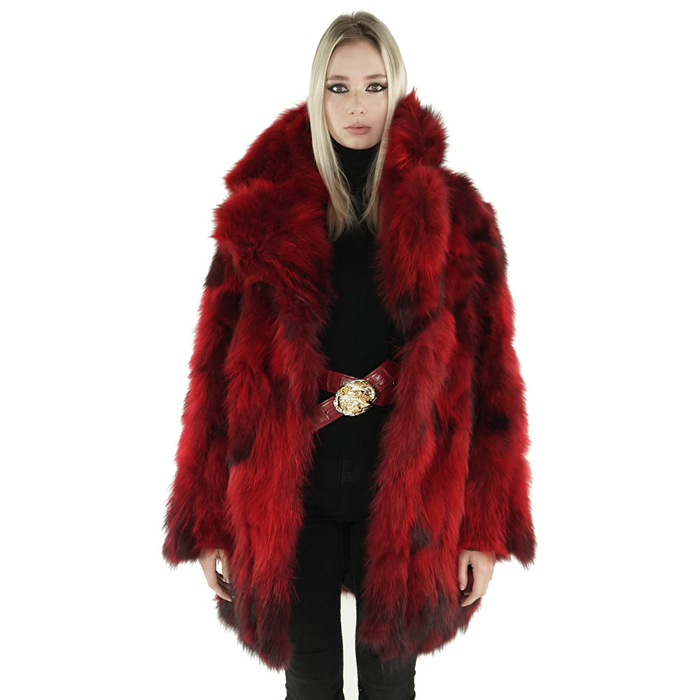 Real rabbit fur coat in red and black