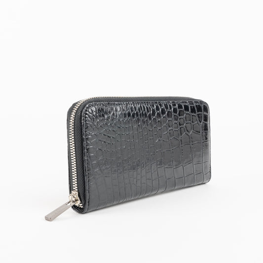 genuine alligator wallet in black with silver zipper