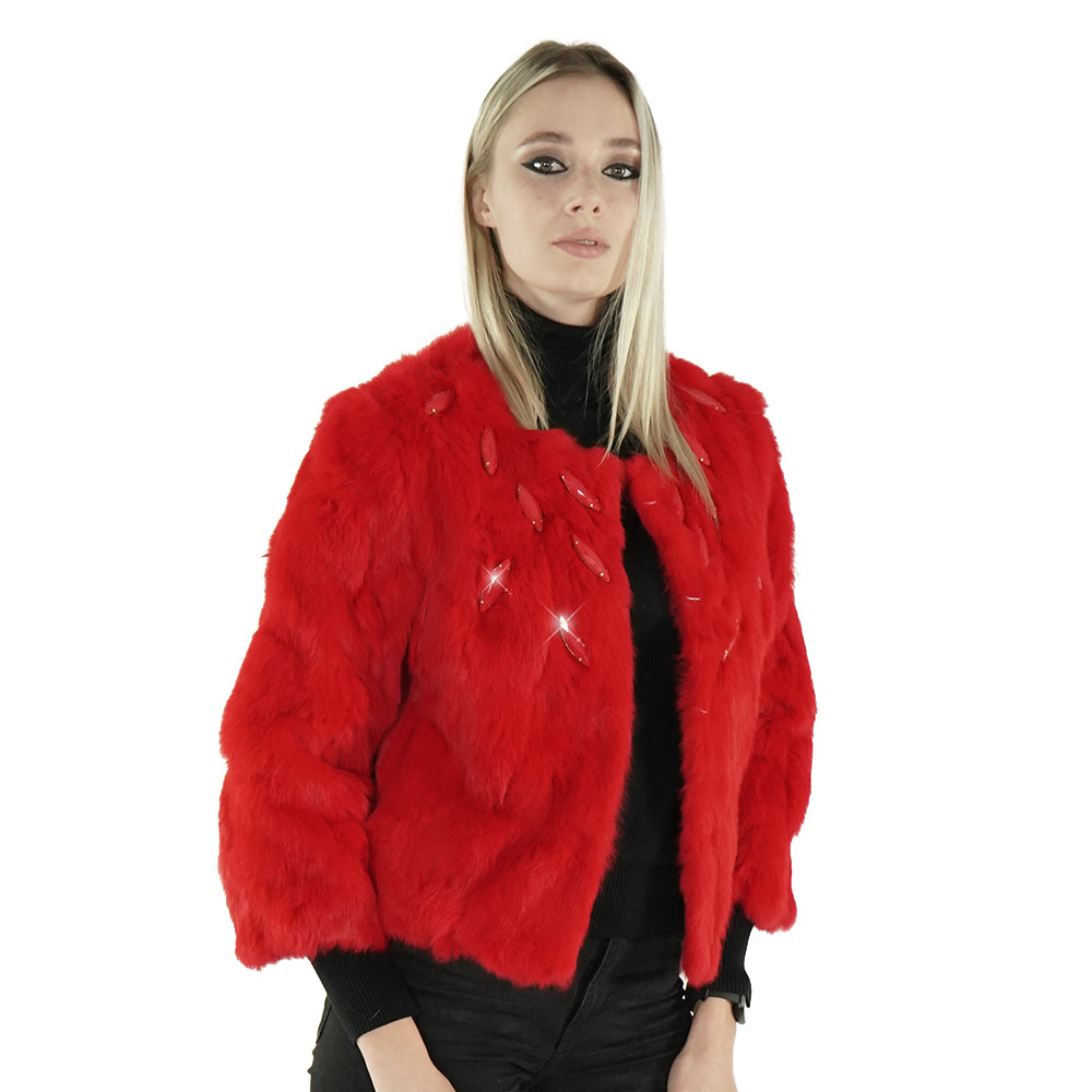 Red Real Rabbit Fur Jacket With Stones "Deenie"