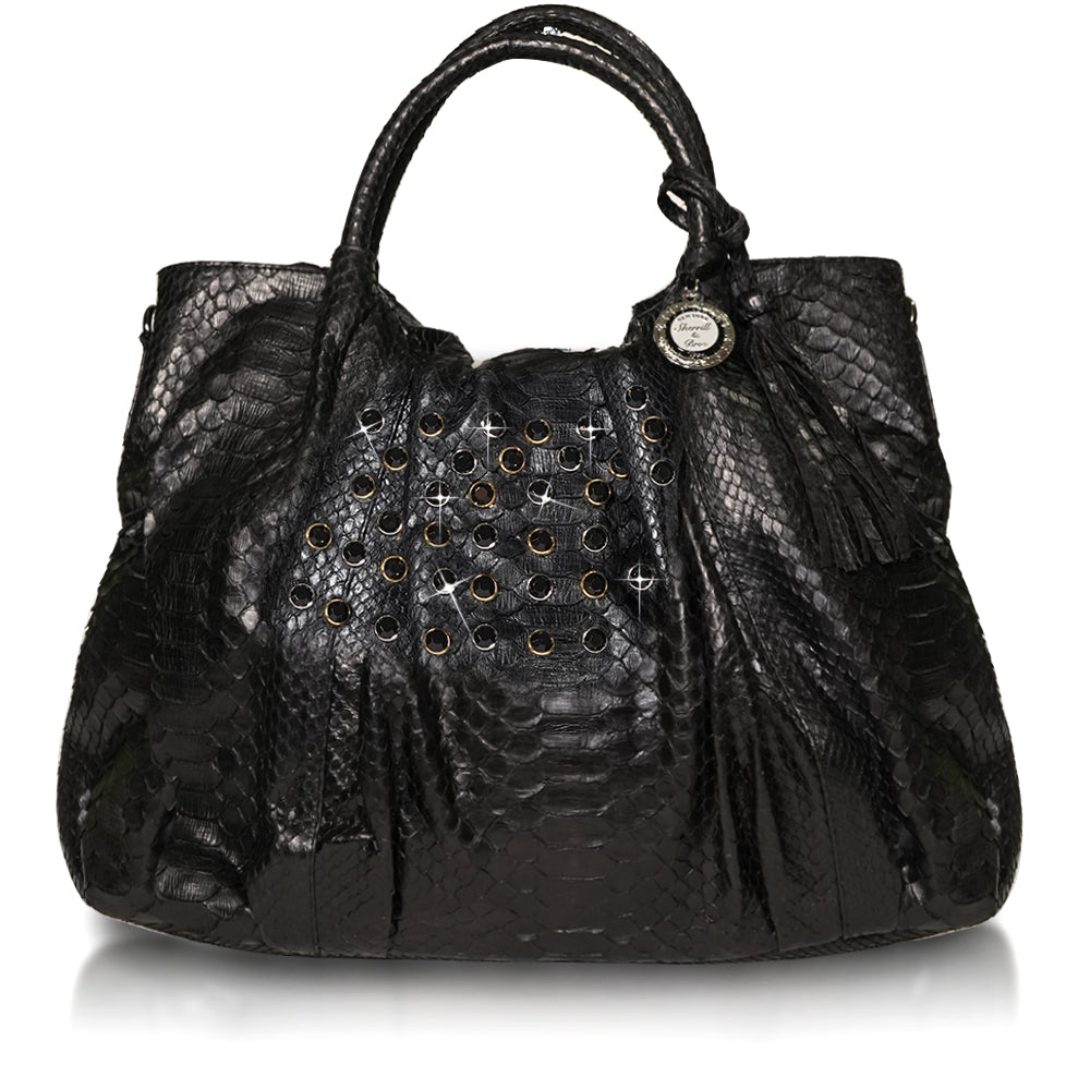 Black python hobo handbag with leather tassel and medallion from Sherrill Bros
