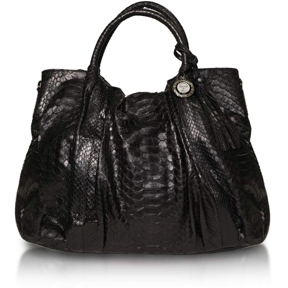 genuine Python handbag in black with tube handles and leather tassel from Sherrill Bros