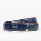 blue crocodile belt with red stitching and silver buckle from sherrill bros