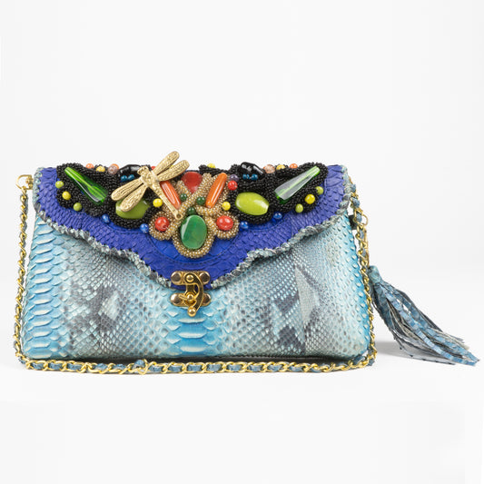 blue genuine python handbag with beads from sherrill brothers