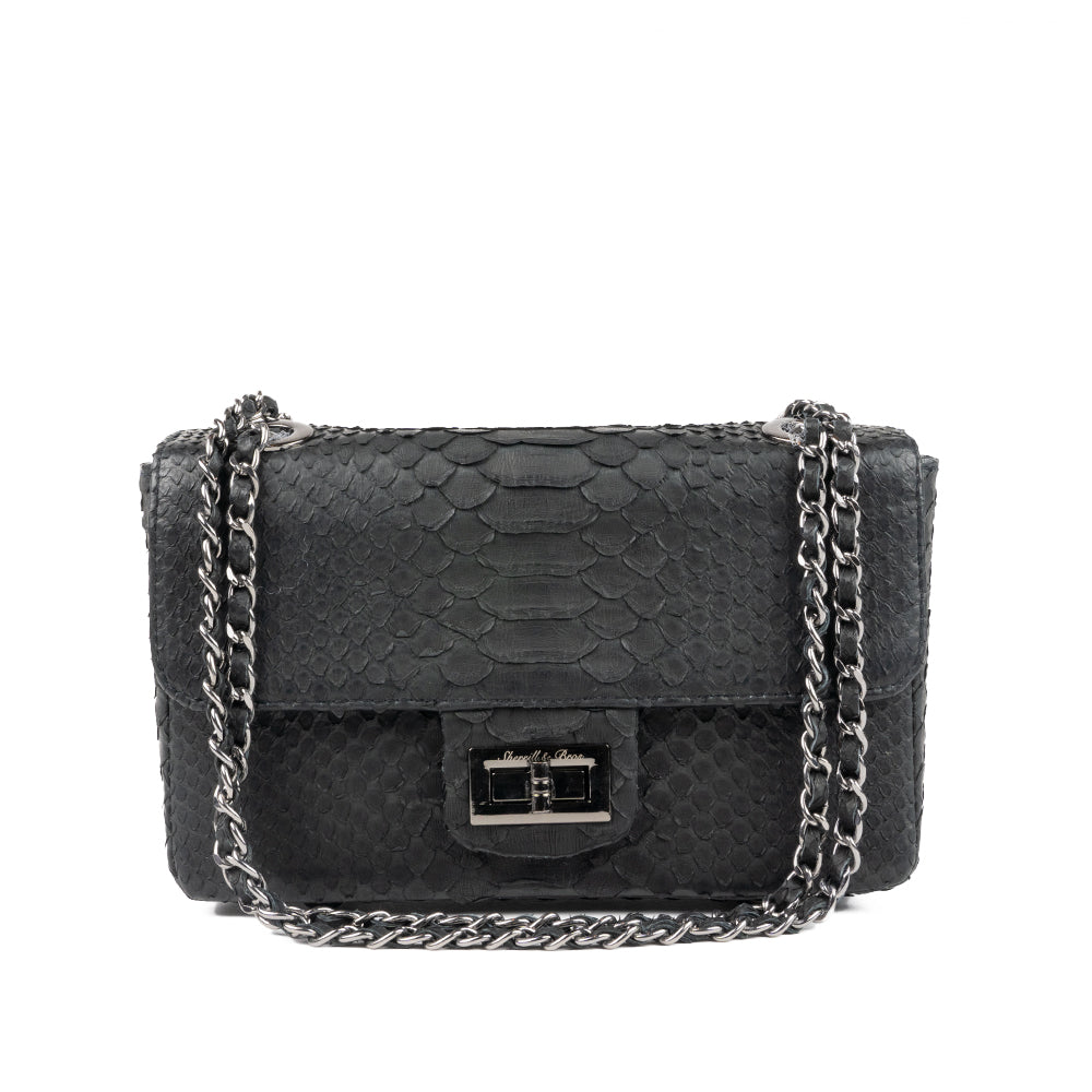 Black genuine python crossbody handbag with leather chain from sherrill bros