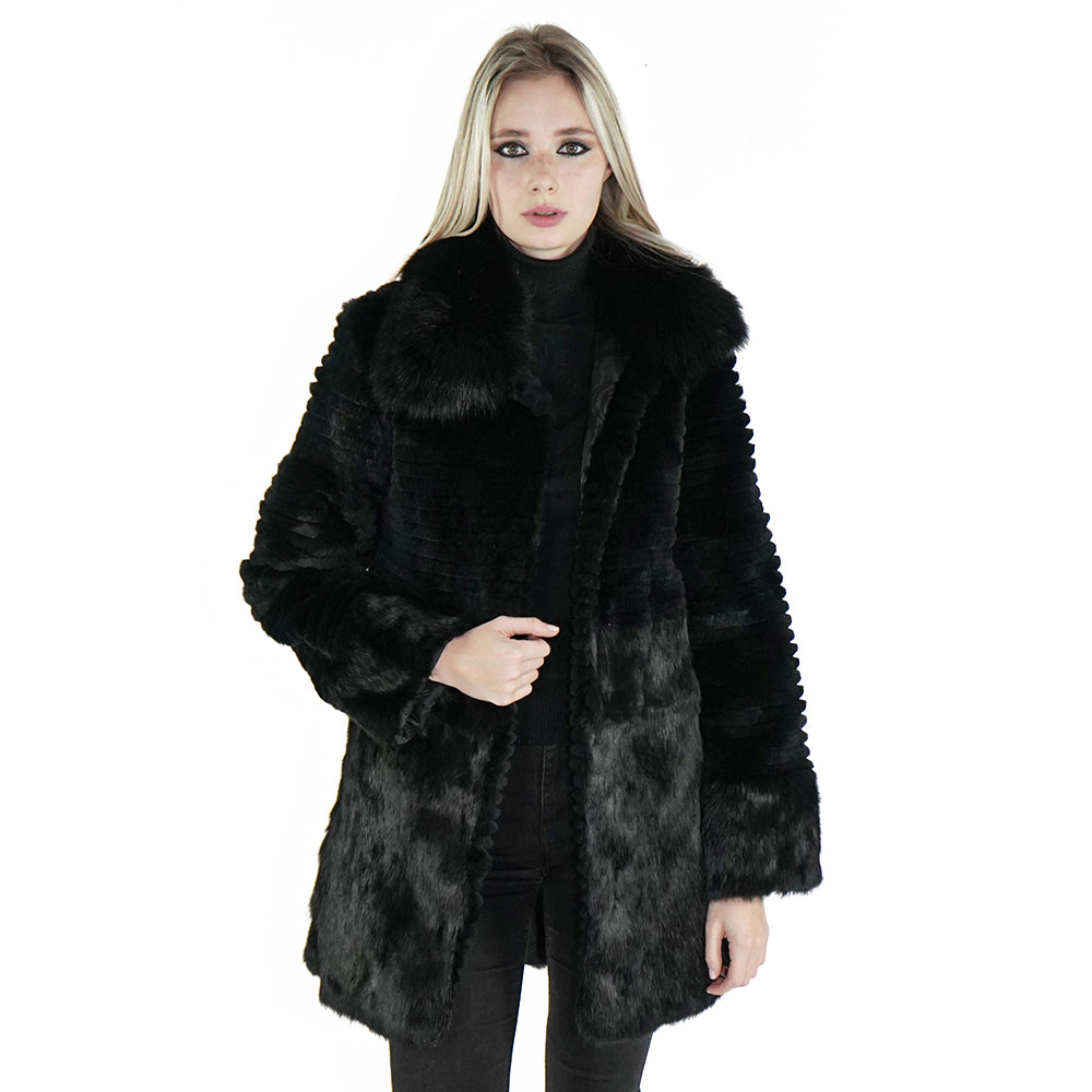 real black rabbit fur coat for women with fur trim 