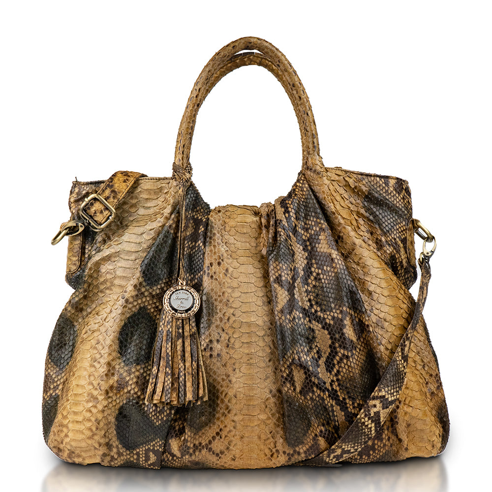 Brown and black genuine python skin tote bag from Sherrill Bros
