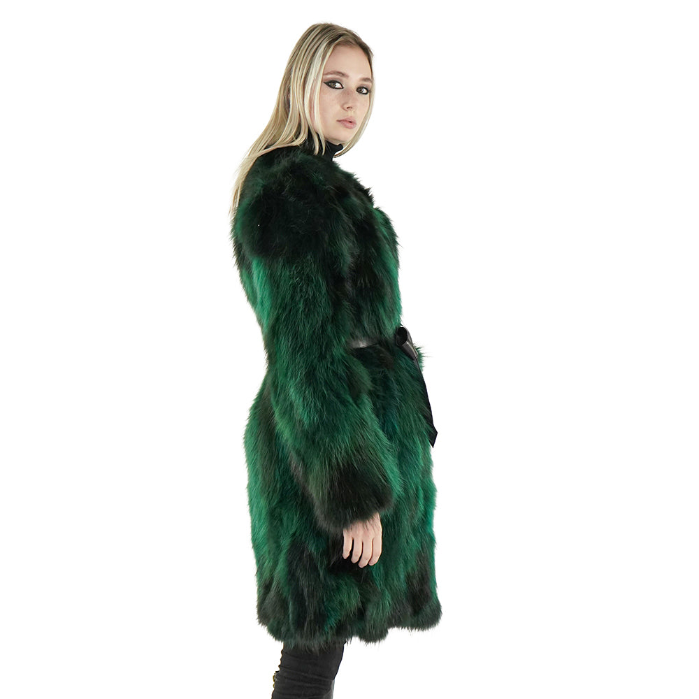 model wearing a cheap green raccoon coat