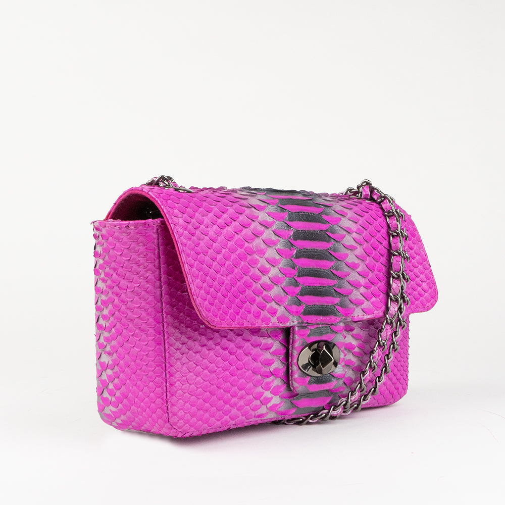 pink python crossbody handbag with chain strap