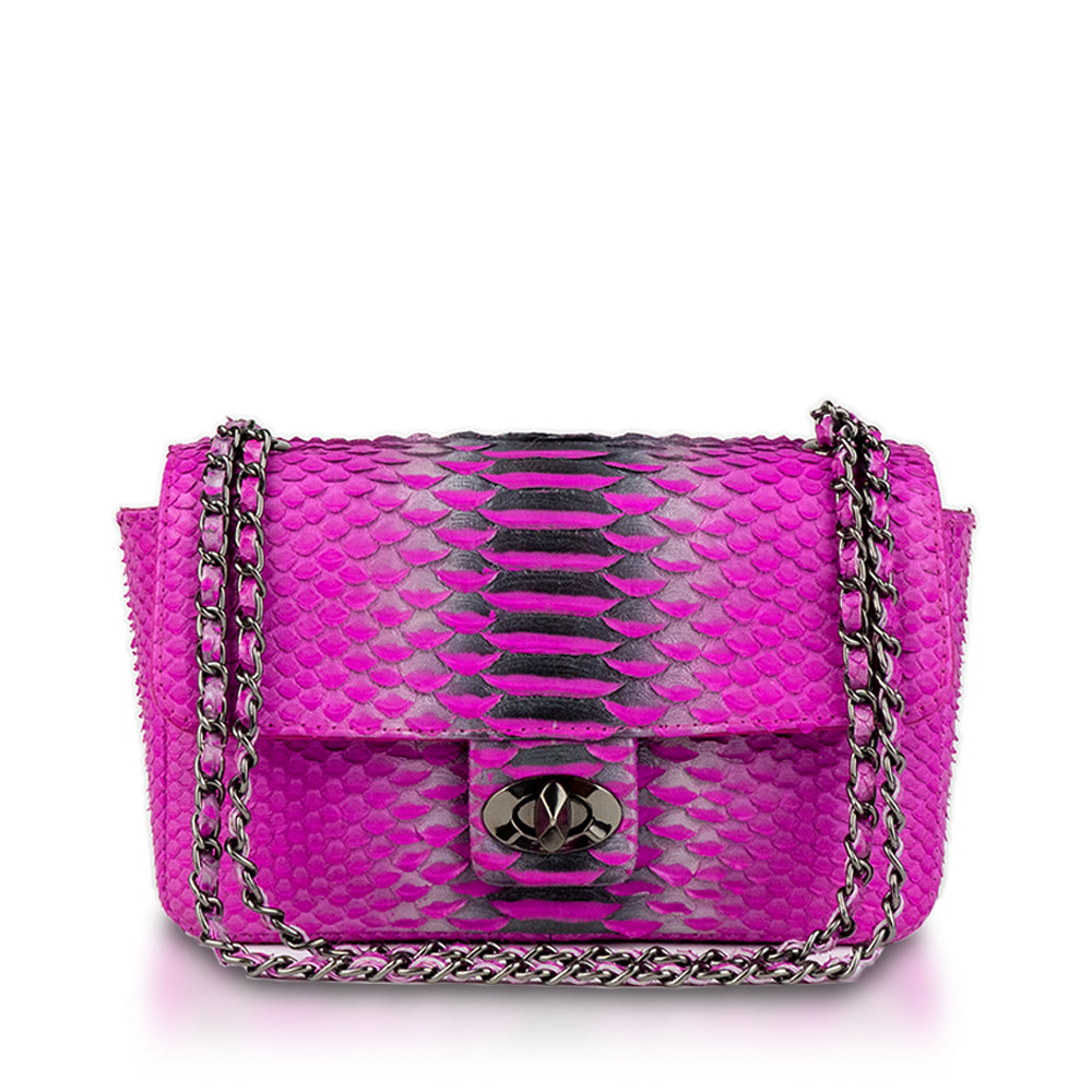 Pink python handbag clutch with shoulder chain strap 