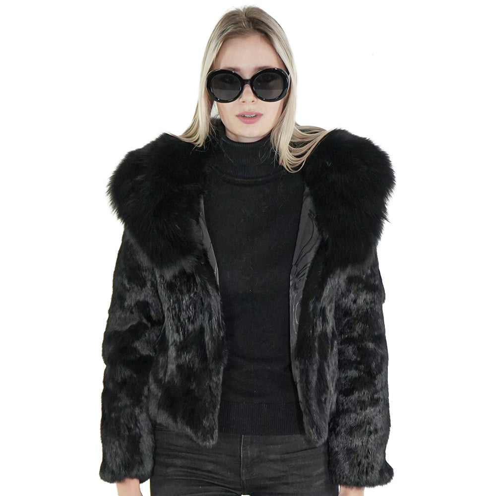 Black rabbit fur coat with genuine fox fur collar 