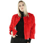 blonde model wearing a red rabbit fur coat from Sherrill Bros