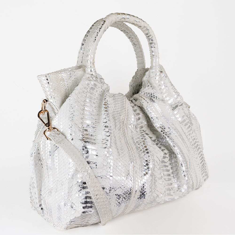 Silver and gray exotic skin bag with tube handles 