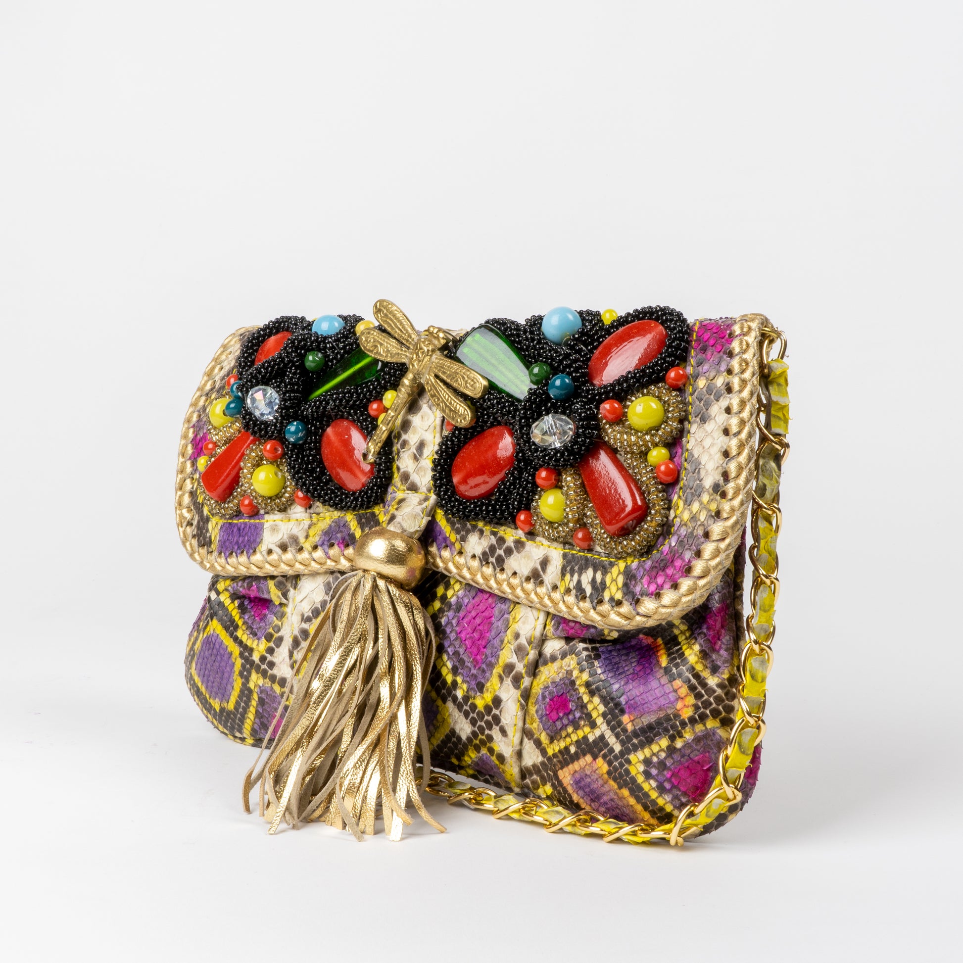 embroidered multi color snakeskin clutch 