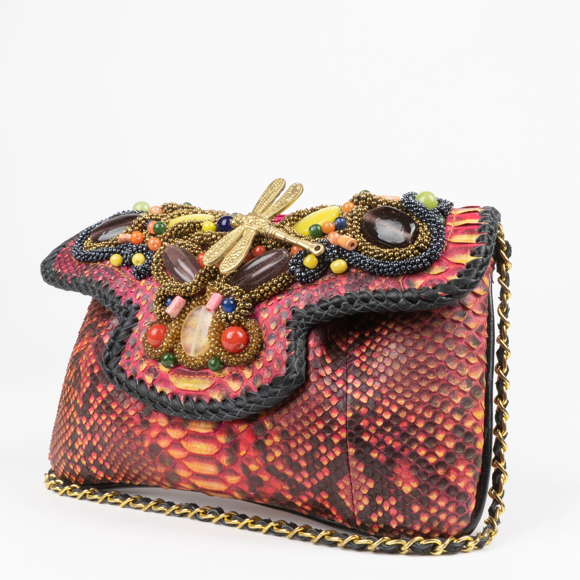 real snakeskin clutch with rhinestones and chain 