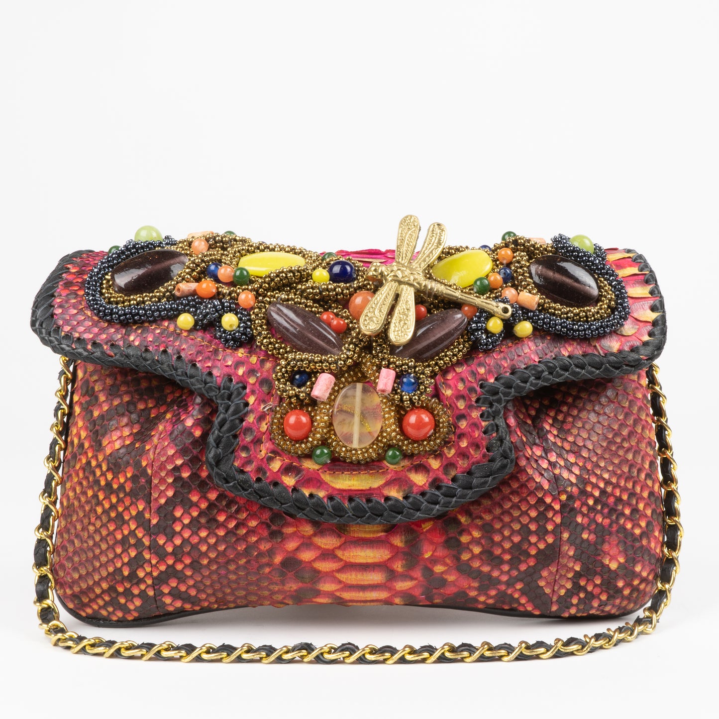 red genuine python shoulder bag with beading from sherrill brothers 